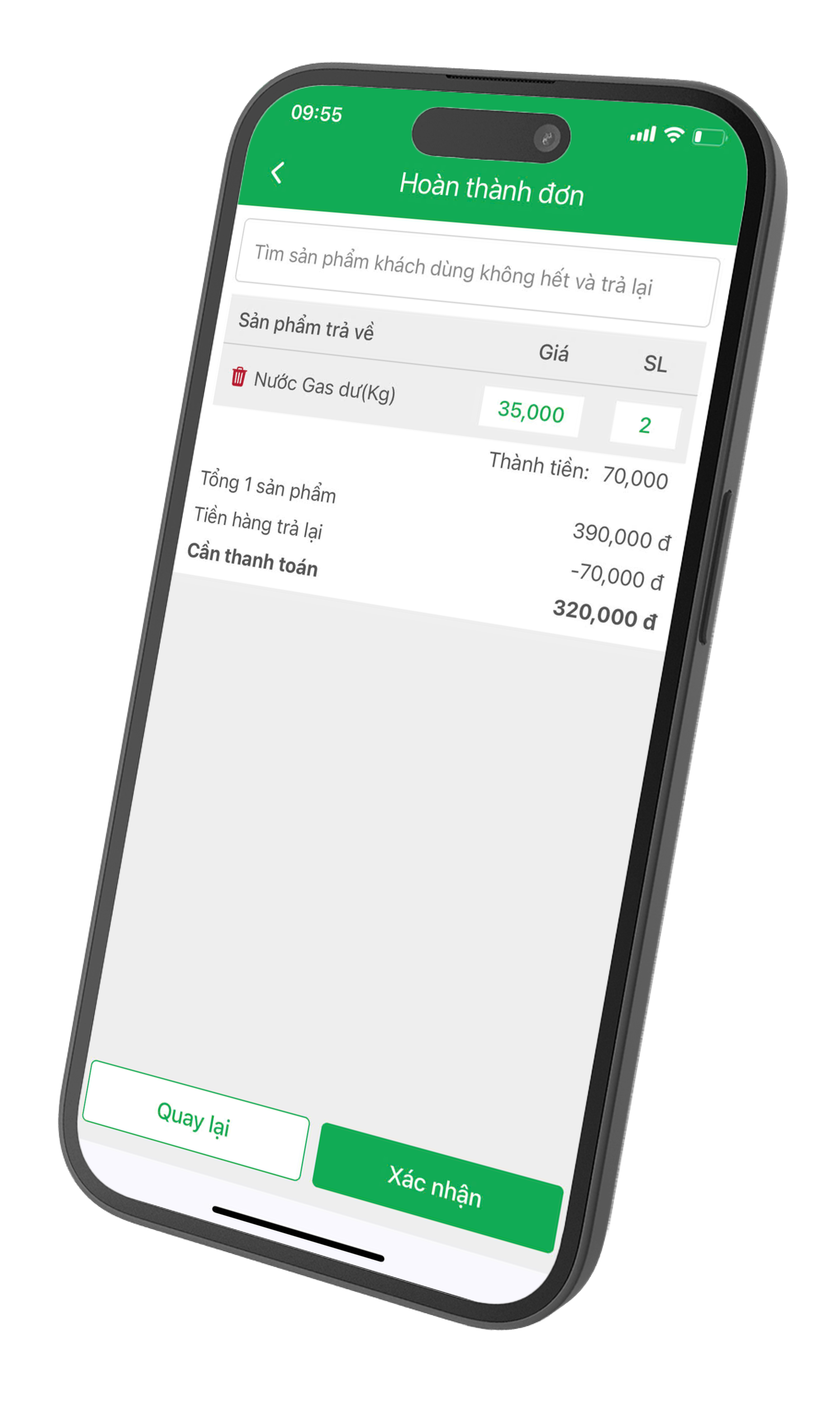 Hoàn thành đơn và thu hồi nước gas dư